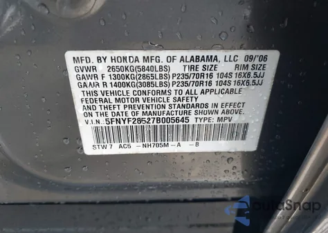 2007 Honda Pilot Ex-L from USA, damaged, VIN 5FNYF28527B005645